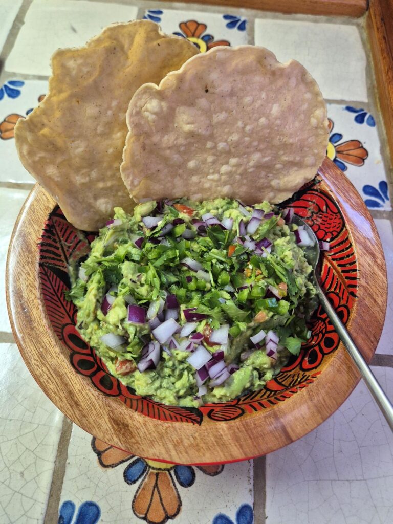Best homemade authentic Mexican guacamole in bowl, served with tostadas